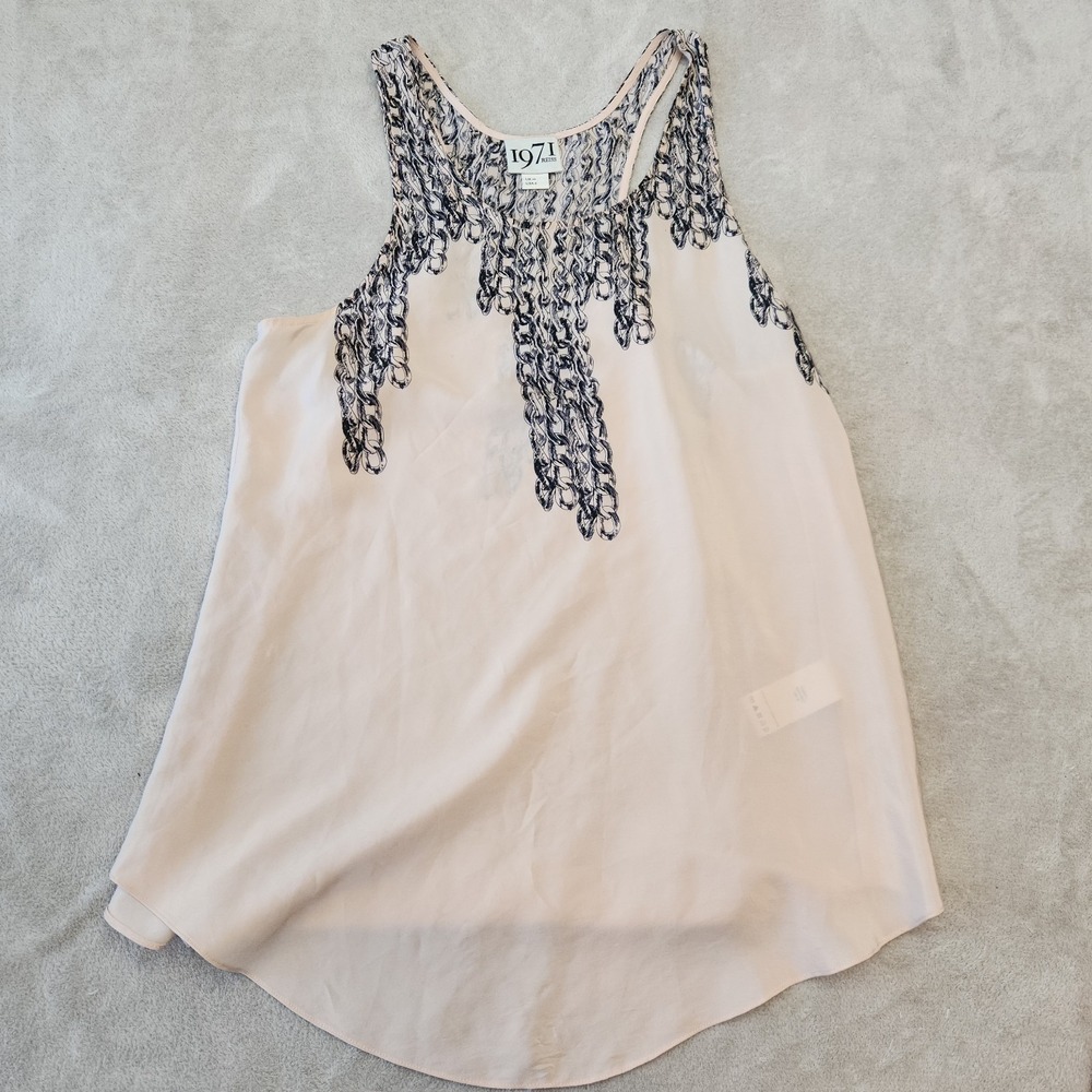 Reiss 1971 100% Silk Blush Pink Navy Print Sleeveless Blouse Size 6 Boho - Picture 4 of 13